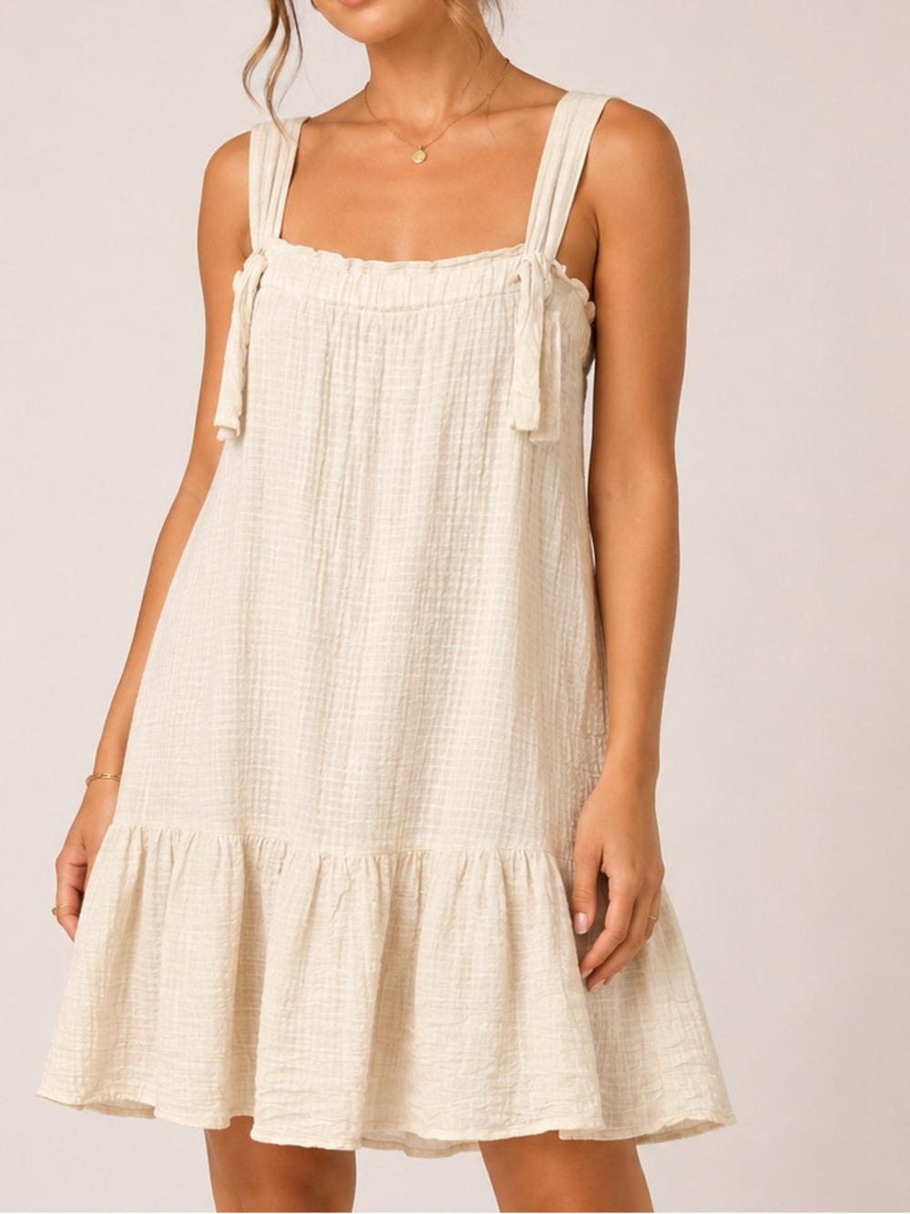 Les Soeurs Cotton Gauze Ruffle Hem Mini Sundress Cream Boho Beach Cottagecore